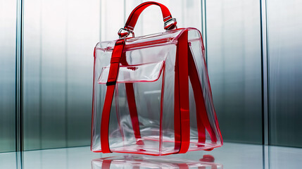 A clear PVC backpack with bright red straps, showcased in a simple and clean setting.