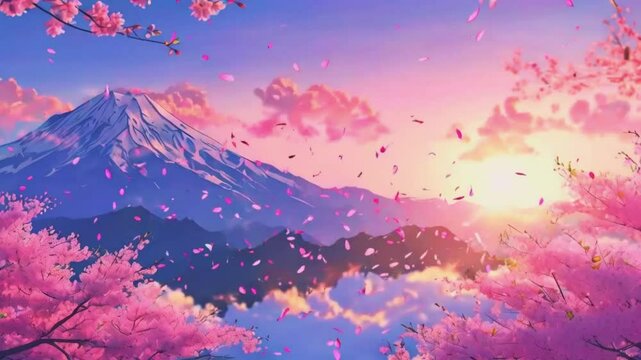 Animated virtual backgrounds cozy tranquil mountain range with the sun rising behind cherry blossom trees. lofi music 2D 4k Lofi Japanese manga Anime-style Looping hip hop Music Video Background