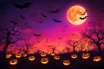 Fototapeta premium A colorful halloween sky with glowing neon bats vibrant jack-o-lanterns and a spooky full moon, Ai Generated