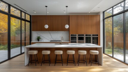 Modern Luxury Kitchen with Wood Cabinetry and Floor-to-Ceiling Windows