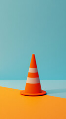 Traffic cone against bright color wall background with copy space