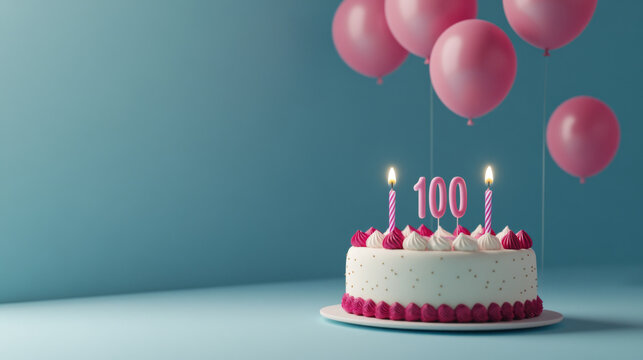 Birthday cake with candles for 100 years, balloons in background