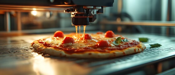 Close up view of a 3D printer in action producing a slice of digital futuristic looking pizza  This innovative image showcases the potential of 3D printing technology in the culinary world