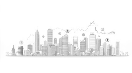 A digital illustration depicting coins and stacks, with city buildings, business icons, and people silhouettes illustrated in white lines on a light background.