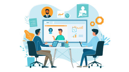 A virtual team manager conducting a weekly video call, discussing progress, setting goals, and addressing challenges with team members.