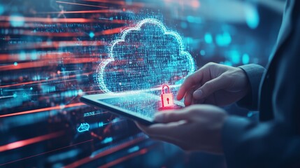 Double exposure Cyber security network. Data protection concept. Businessman using digital tablet with padlock on network security technology with cloud computing, data encryption, cybersecurity techn