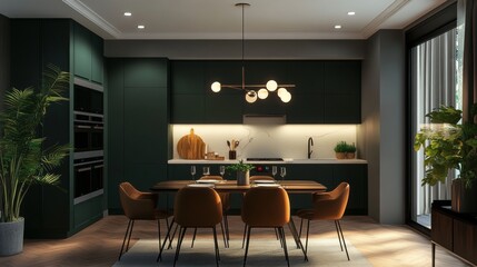 Modern kitchen with dark green walls and dining room interior design.
