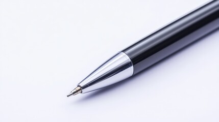 Elegant close-up of a sleek black pen with a metallic tip resting on a white surface, showcasing simplicity and sophistication.