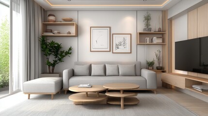 Modern living room with light walls, gray couch, and open shelving