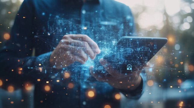 Double exposure Cyber security network. Data protection concept. Businessman using digital tablet with padlock on network security technology with cloud computing, data encryption, cybersecurity techn