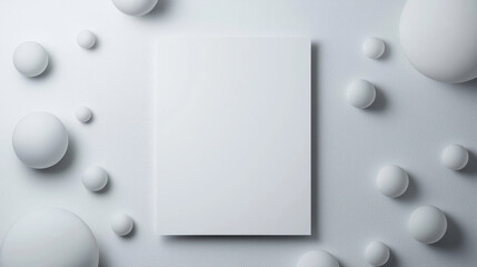 Minimalist design featuring blank white sheet surrounded by spherical shapes, creating serene and modern aesthetic. Ideal for creative projects or presentations