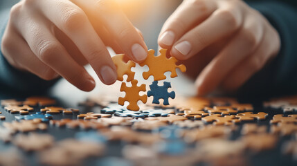 As hands carefully connect puzzle pieces, focus on intricate details highlights joy of problem solving and creativity. This engaging scene captures essence of leisure and mental challenge