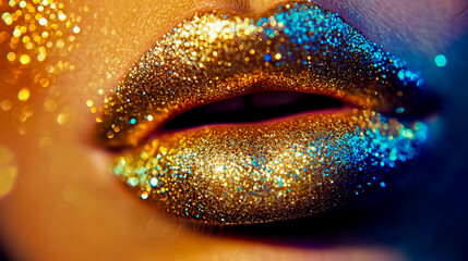 A close-up photo of a woman's lips covered in golden glitter.