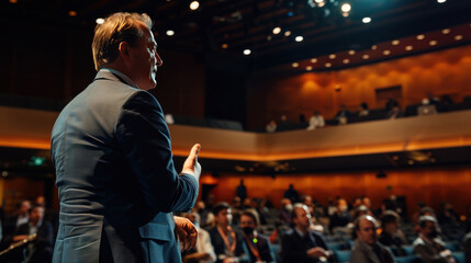 A visionary global leader addressing an international conference, sharing insights on the future of global leadership and the impact of technology on business.