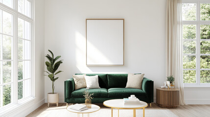A modern living room featuring green velvet sofa, decorative pillows, and minimalist design. space is bright with natural light, showcasing stylish plant and elegant coffee tables