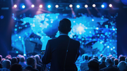 A visionary leader presenting new technological advancements at an international summit, inspiring global leaders with their forward-looking business approach.