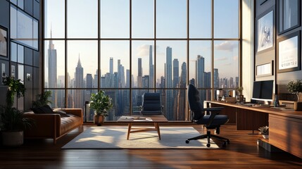 Spacious, unpopulated office workspace with contemporary design and stunning skyline views from a...