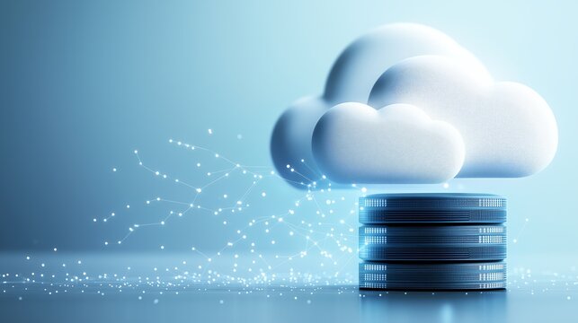 Digital cloud technology concept with data storage. Blue background symbolizes innovation and connectivity in cloud computing solutions.