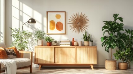 Stylish interior with wooden cabinet, plants, decor, and books. Vibrant sunburst art adds color. Minimalist home decor template.