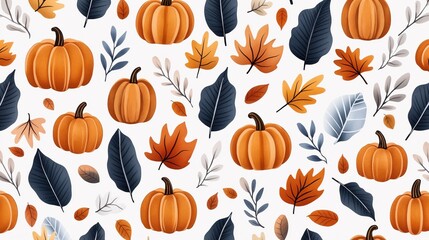 Seamless pattern featuring pumpkins and autumn leaves in various shades of orange, yellow, blue, and gray set against a white background.