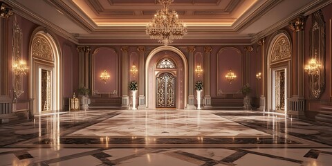 Obraz premium luxury mauve hotel ballroom with wooden intricate royal carving wall and elegant marble floor 