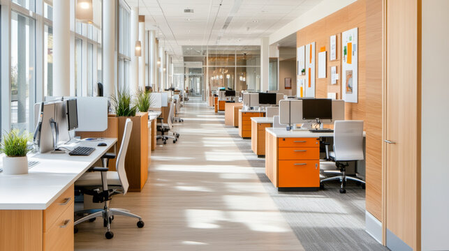 Modern office interior design features spacious workstations with natural light, wooden accents, and vibrant orange elements, creating productive and inviting atmosphere
