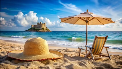 Relaxing Beach Scene with Hat, Umbrella, and Sandcastle
