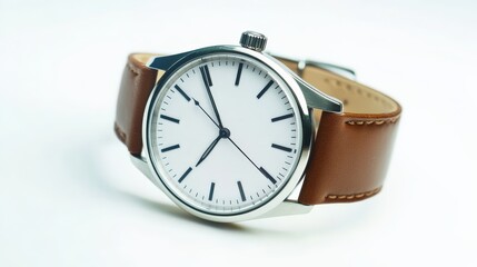 Elegant wristwatch with brown leather strap and minimalist white dial, showcasing classic style and refined craftsmanship.