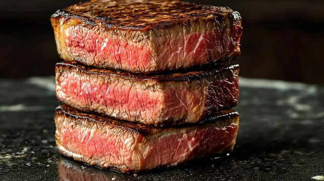Sizzling steak stack rotating on black surface