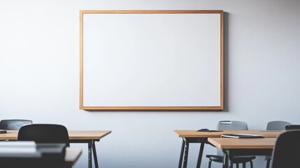 Fototapeta premium Empty classroom with wooden desks and a blank whiteboard, ready for teaching and learning. Modern educational setting.