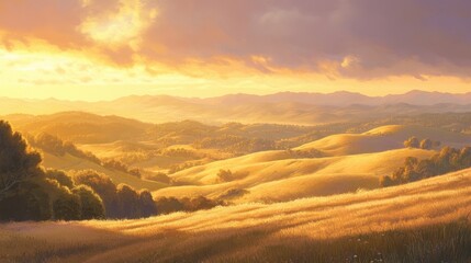 Rolling woolen hills bathed in golden-hour light, creating a soft, serene landscape. Gentle undulations give the scenery a warm and inviting glow under a peaceful sunset.