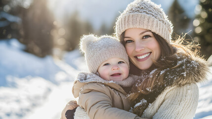 Obraz premium Happy young mother holding baby boy outdoor at snow resort landscape in background - Winter, family and travel vacation concept - Models by AI generative - Focus on woman face