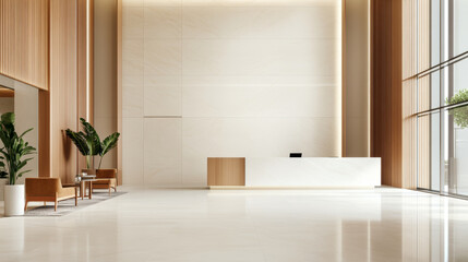 Modern lobby interior design with minimalist decor, featuring reception desk, comfortable seating, and indoor plants. spacious area is illuminated by natural light, creating welcoming atmosphere