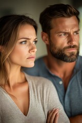 Obraz premium Couple Sitting Indoors, Woman Appears Frustrated with Man, Intense Emotional Moment