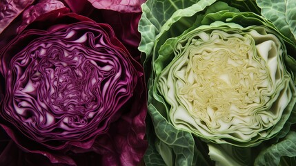 Obraz premium Halved Red and Green Cabbage Display