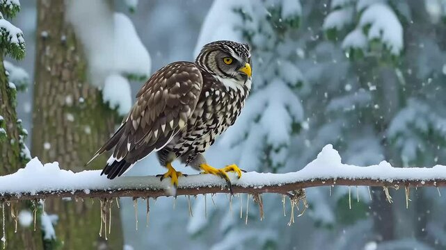 Witness majestic flight ofbeautiful Eur eagle owl lands ontree branch intently staring camera highspeed footage captures owl's silent graceful movement winter forest England enchanting wildlife