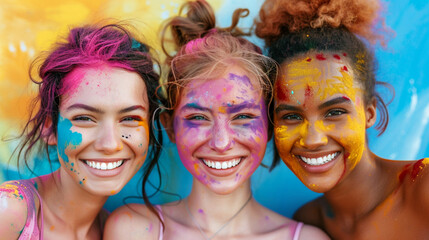 Fototapeta premium Friends covered in colorful paint smiling during a vibrant festival celebration