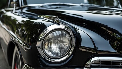 Closeup of a vintage car's chrome headlight and sleek black bodywork