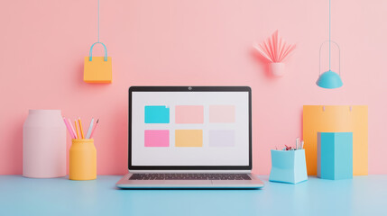 A modern workspace featuring laptop on colorful desk with pastel decor. vibrant pink and blue background enhances creativity and productivity