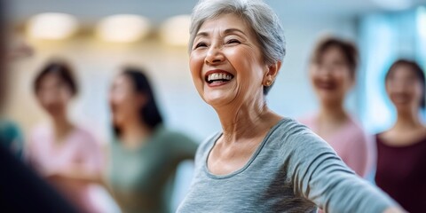 Fototapeta premium Smiling senior Asian woman dancing laughing person female.