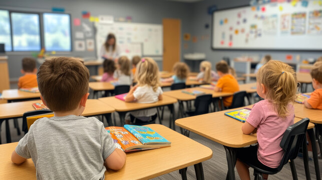 In bright classroom, children sit attentively at their desks, focused on teacher. atmosphere is filled with curiosity and learning as they engage with their books