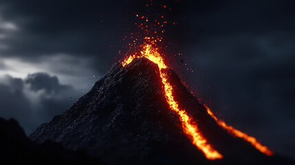 Erupting volcano with flowing lava and dark stormy clouds creates dramatic and powerful scene. fiery lava contrasts against ominous sky, showcasing natures raw energy