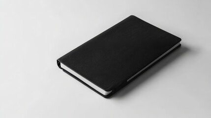 Minimalist black notebook on white background, closed view. Perfect for office, school, writing, and creative design concepts.