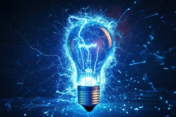 Light bulb is glowing and emanating an electric current on a dark background