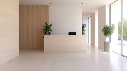 Modern reception area with minimalist design, featuring wooden reception desk, indoor plants, and large windows allowing natural light. space exudes calm and welcoming atmosphere
