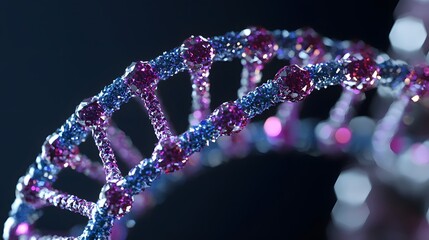 An imaginative representation of human DNA under a microscope, where each base pair is a jewel.