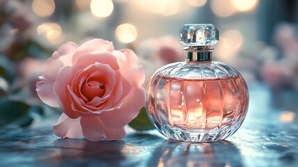 Crystal perfume bottle with delicate pink rose inside, soft lighting highlighting intricate glass details