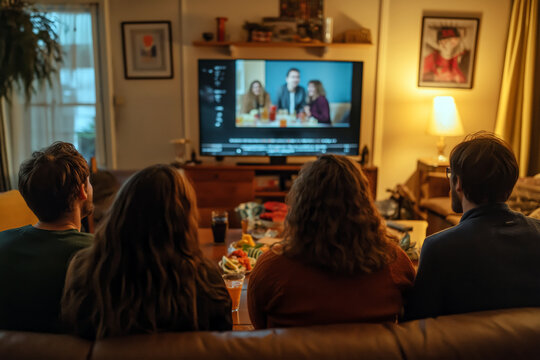 Election night watch party in a living room, friends gathered around a TV, snacks and drinks on the table, anticipation in the air.