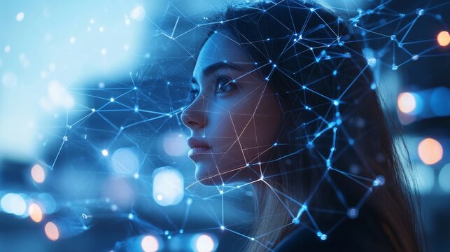 Double exposure Digital technology, internet network connection, big data, digital marketing IoT internet of things. Woman using modern computer surfing internet futuristic metaverse, innovative techn - Powered by Adobe