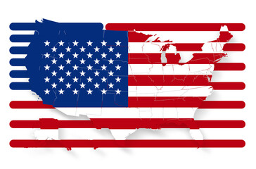 map and shape of the flag of USA as rounded lines as horizontal stripes, outline silhouette, United States of America symbol icon design, flat-style, blue red striped, background